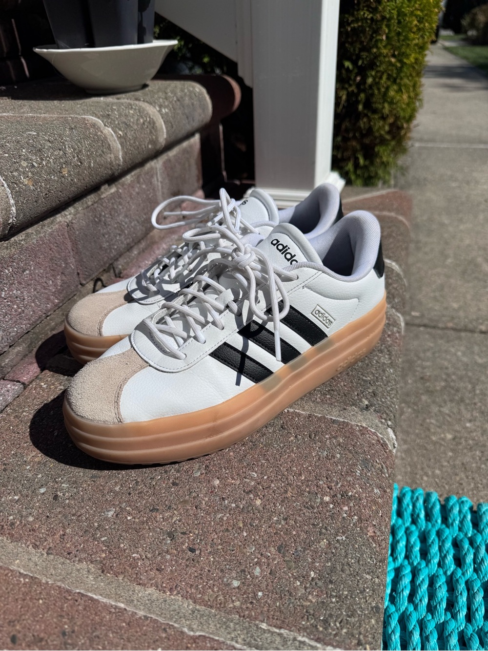 adidas Women’s White Sneakers with Black Stripes and Gum Sole